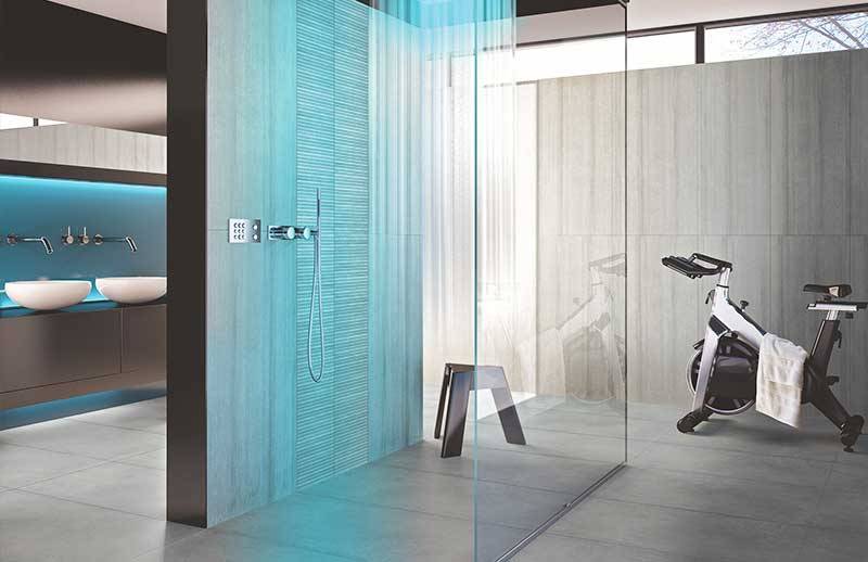 Salle de bain moderne avec douche intégrée porcelaine imitant du ciment