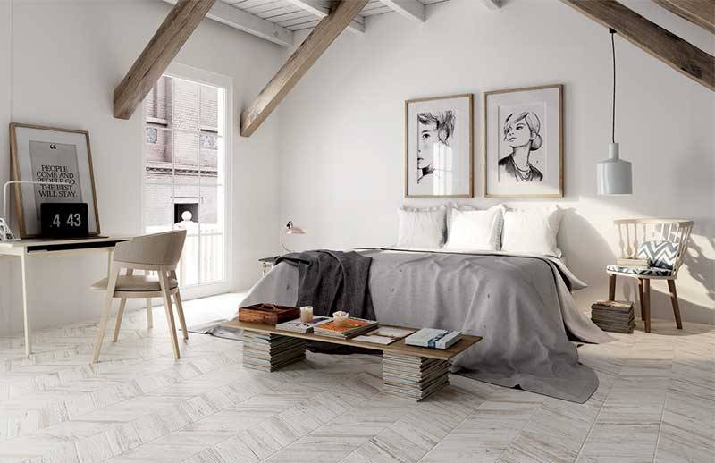 Chambre à coucher éclairée avec plancher de céramique blanche