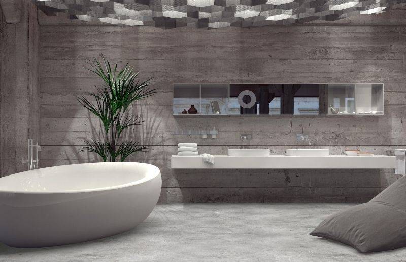 Un vinyle effet béton Une salle de bain présentant notre vinyle Pianello